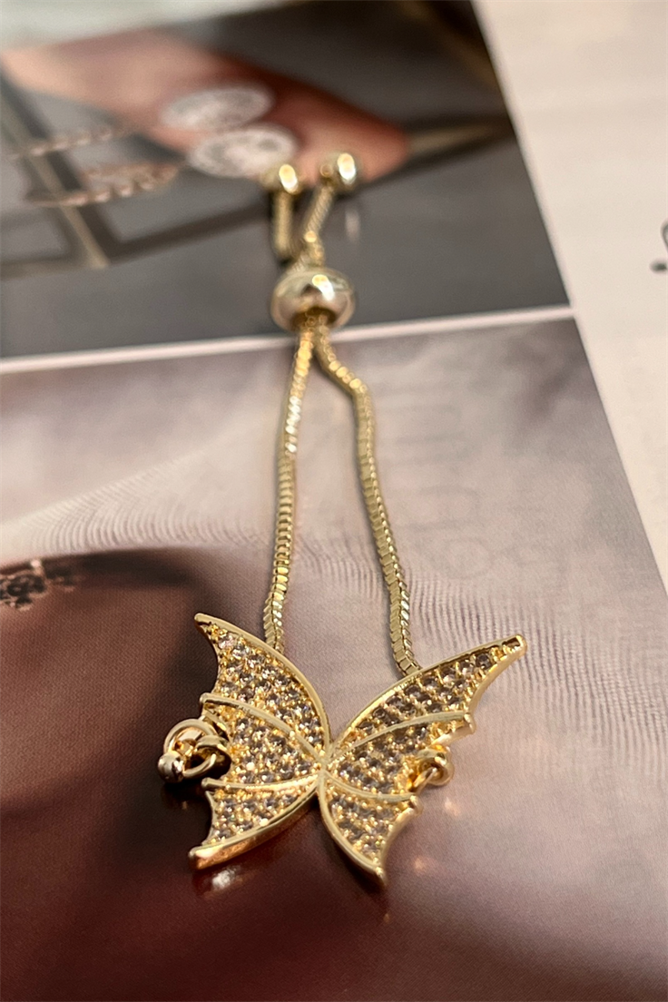 Zirkon Taşlı Büyük Model Kelebek Asansör Ayarlı Bileklik Gold