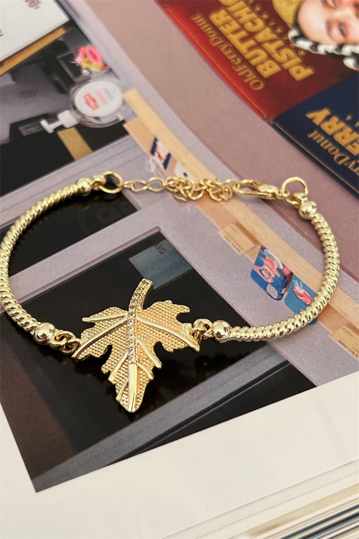 Zirkon Taşlı Çınar Yaprağı Bileklik Gold