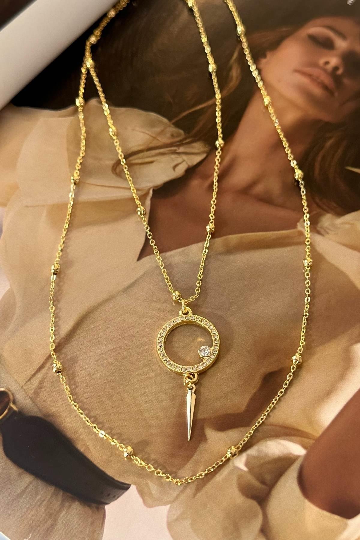 Zirkon Taşlı Daire Model İki Zincirli Kolye