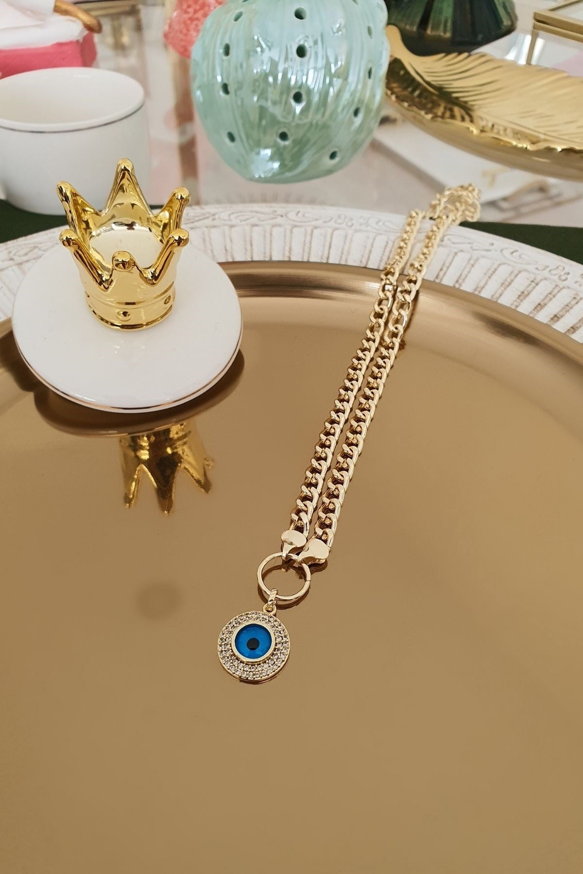 Zirkon Taşlı Daire Nazar Model Zincir Kolye Gold