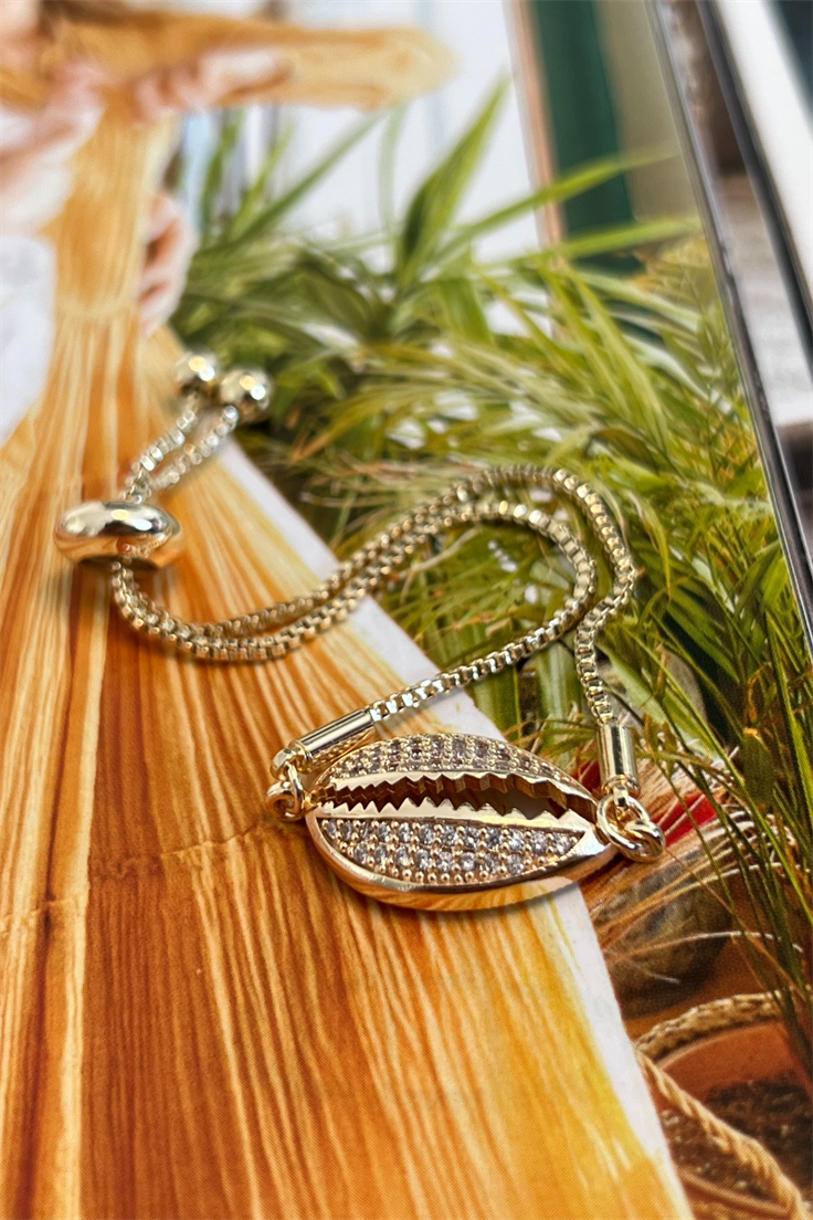 Zirkon Taşlı Deniz Kabuğu Model Asansör Ayarlı Bileklik Gold