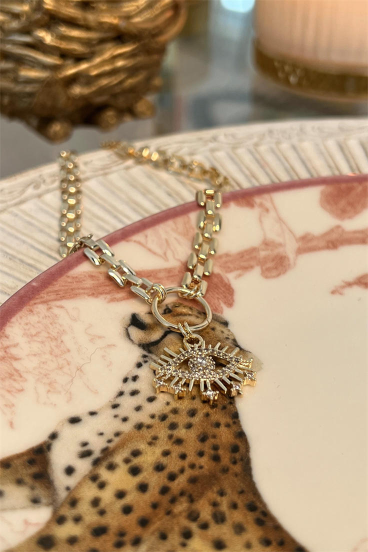 Zirkon Taşlı Ezme Zincir Göz Choker Gold
