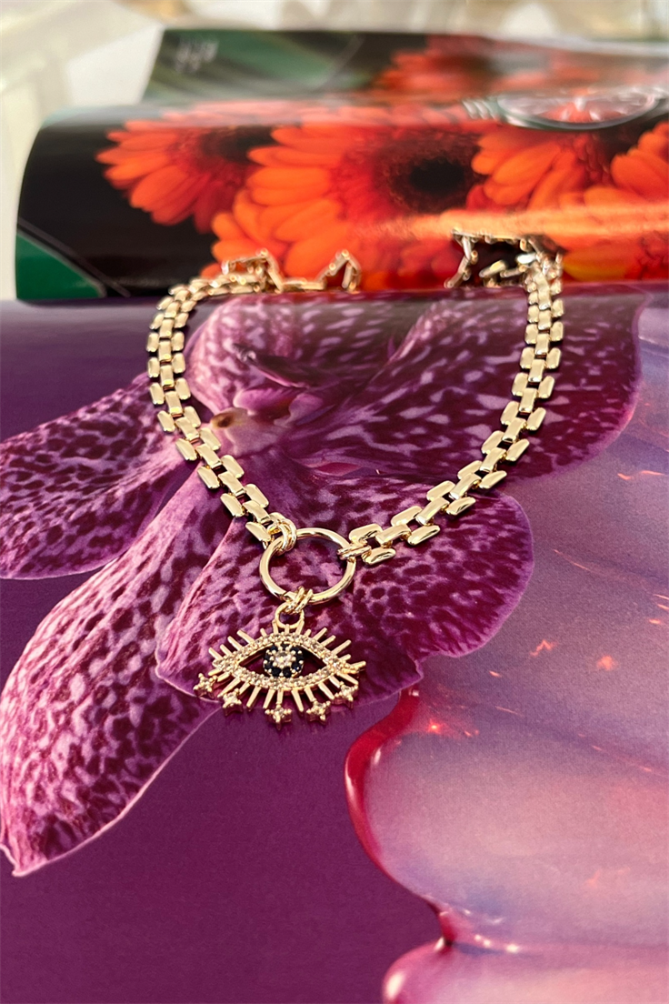 Zirkon Taşlı Ezme Zincirli Göz Choker Gold