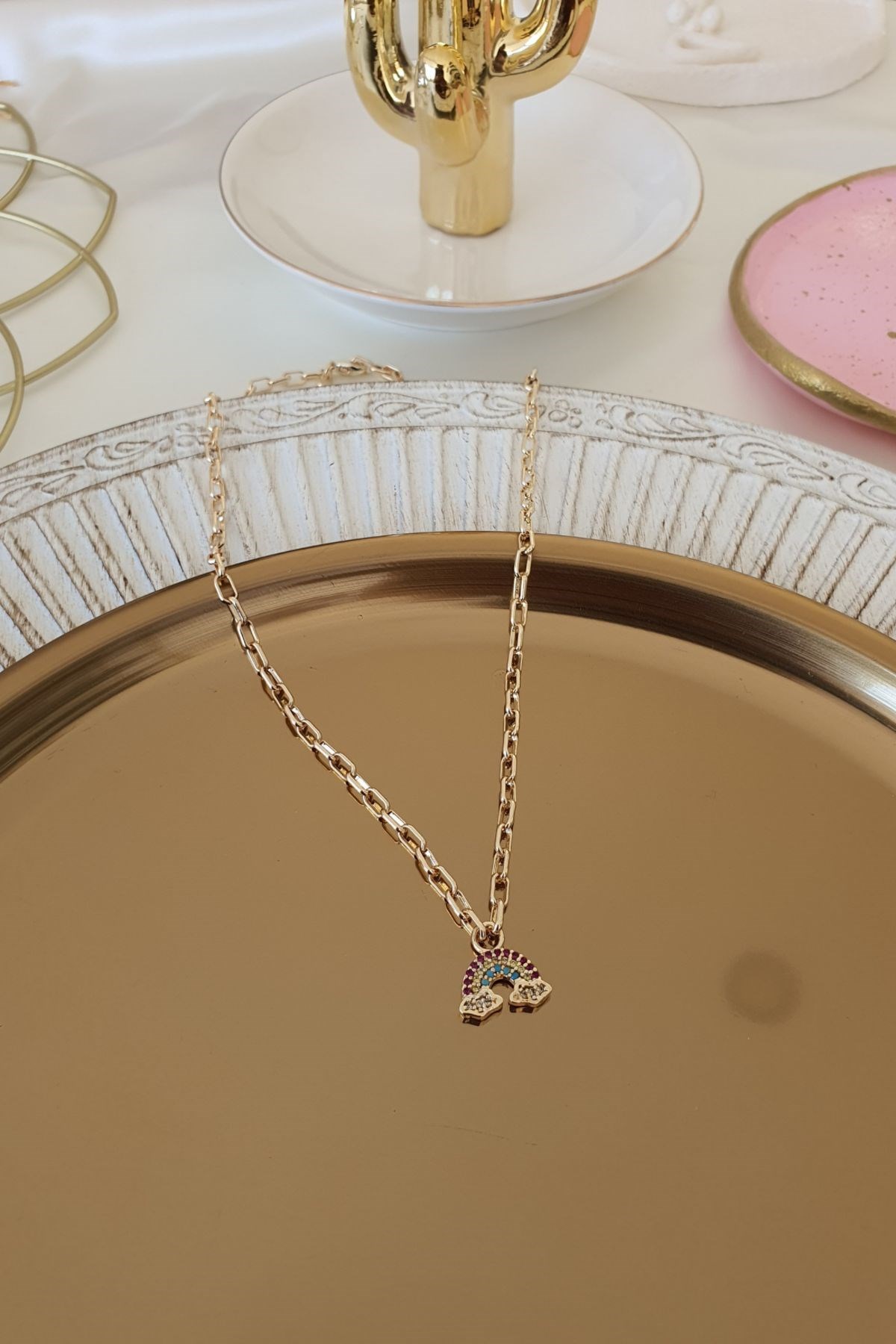 Zirkon Taşlı Gökkuşağı Model Kolye Gold