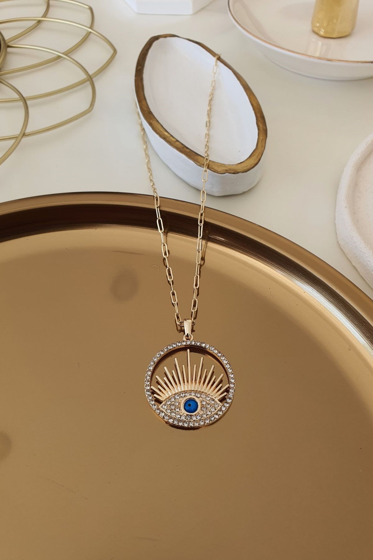 Zirkon Taşlı Göz Kirpik Model Kolye Gold