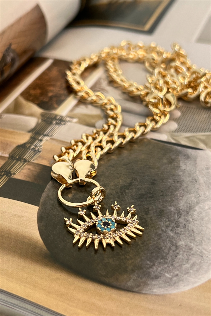 Zirkon Taşlı Göz Model Kolye Gold
