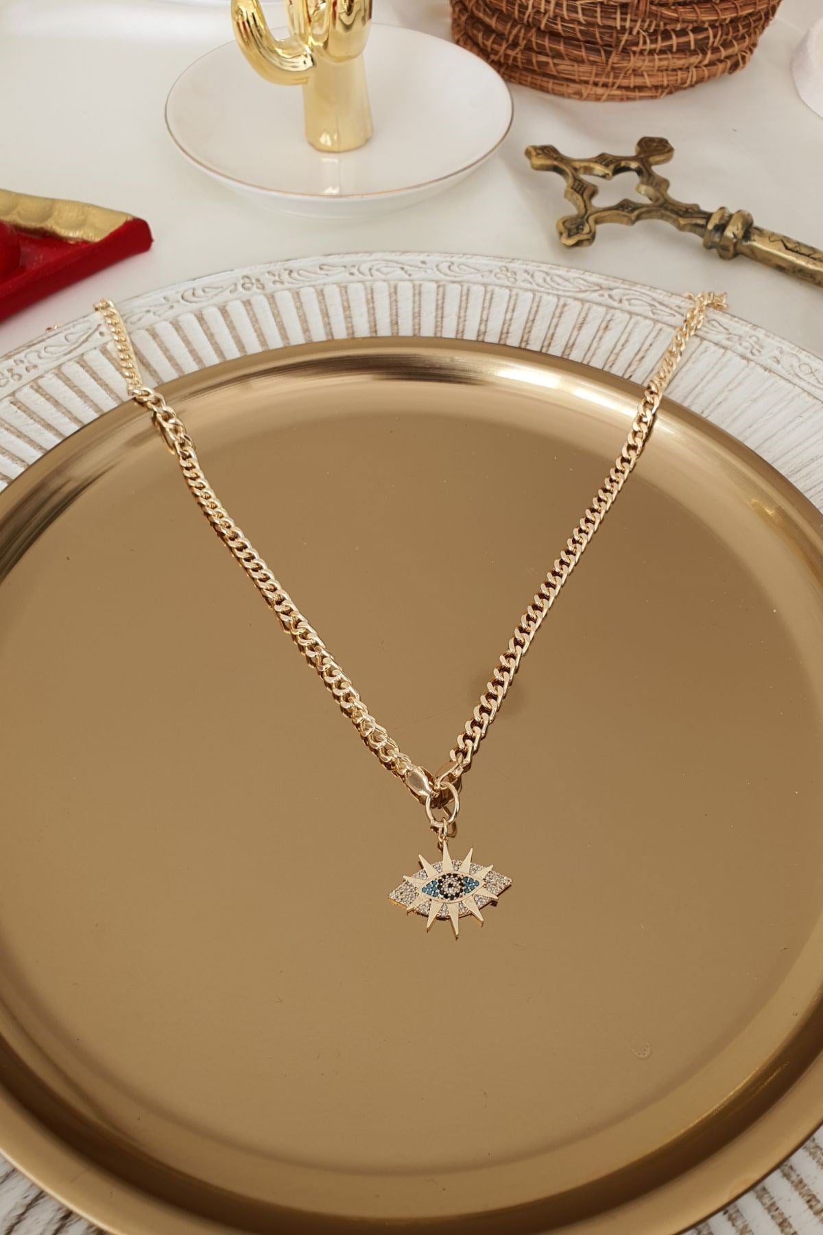 Zirkon Taşlı Göz Model Zincir Kolye Gold