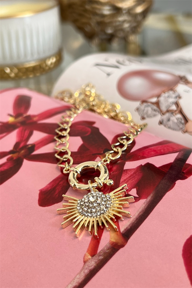Zirkon Taşlı Güneş Saçan Kolye Gold