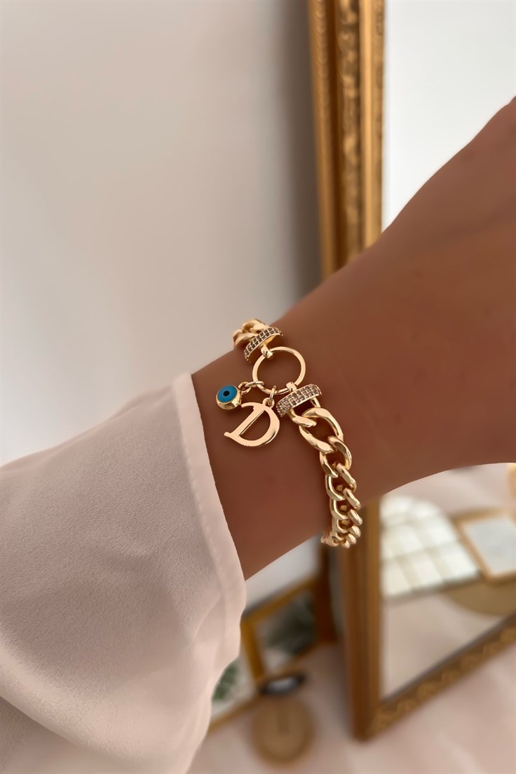 Zirkon Taşlı Halka Model D Harf ve Nazar Sallantıl Gold