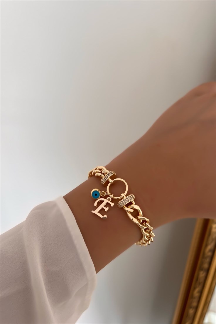 Zirkon Taşlı Halka Model E Harfli ve Nazar Sallant Gold