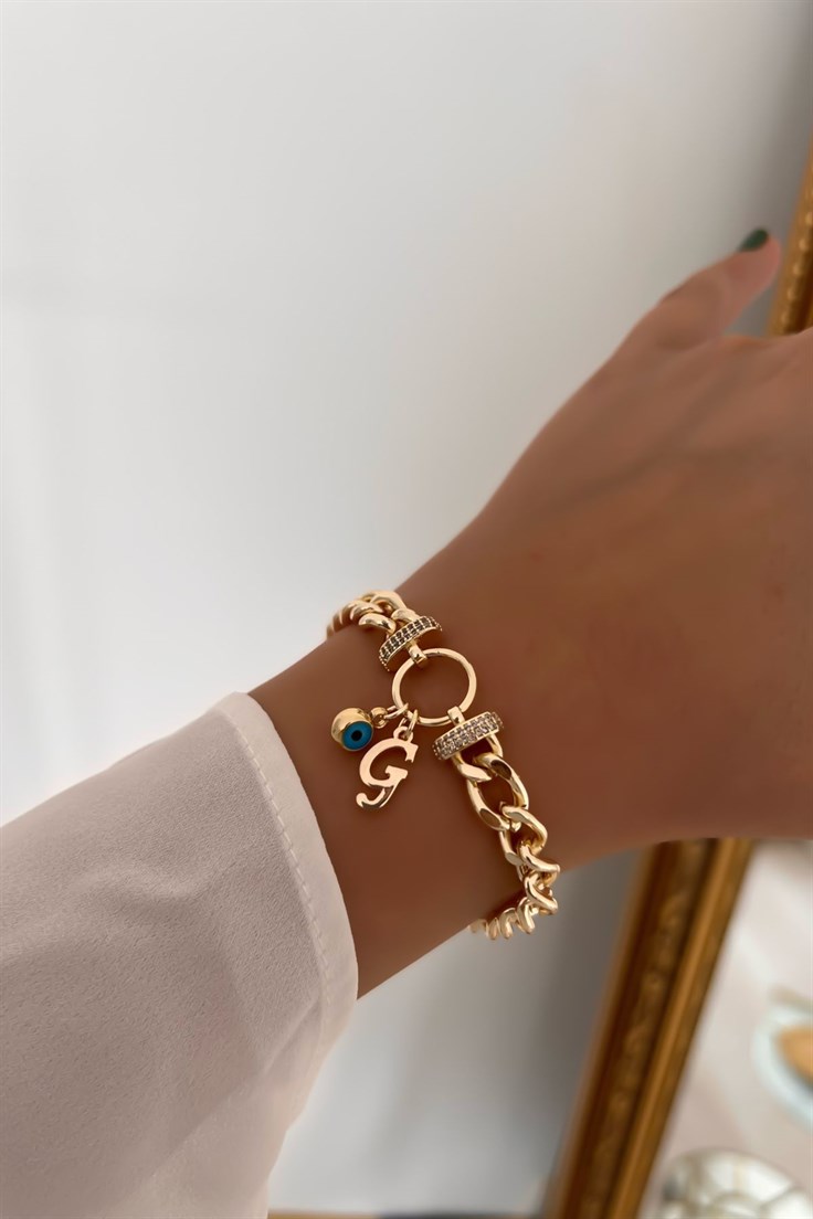 Zirkon Taşlı Halka Model G Harfli ve Nazar Sallant Gold