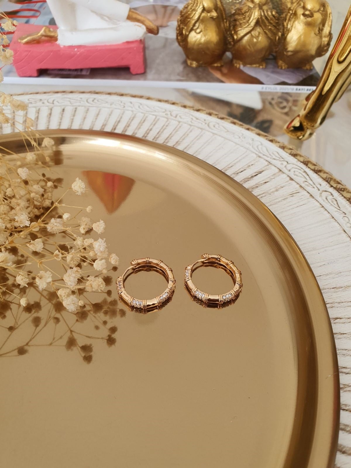Zirkon Taşlı Halka Model Küpe Gold