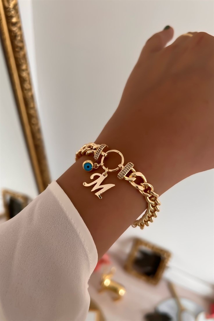 Zirkon Taşlı Halka Model M Harfli ve Nazar Sallant Gold