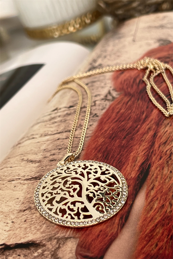 Zirkon Taşlı Hayat Ağacı Kolye Gold