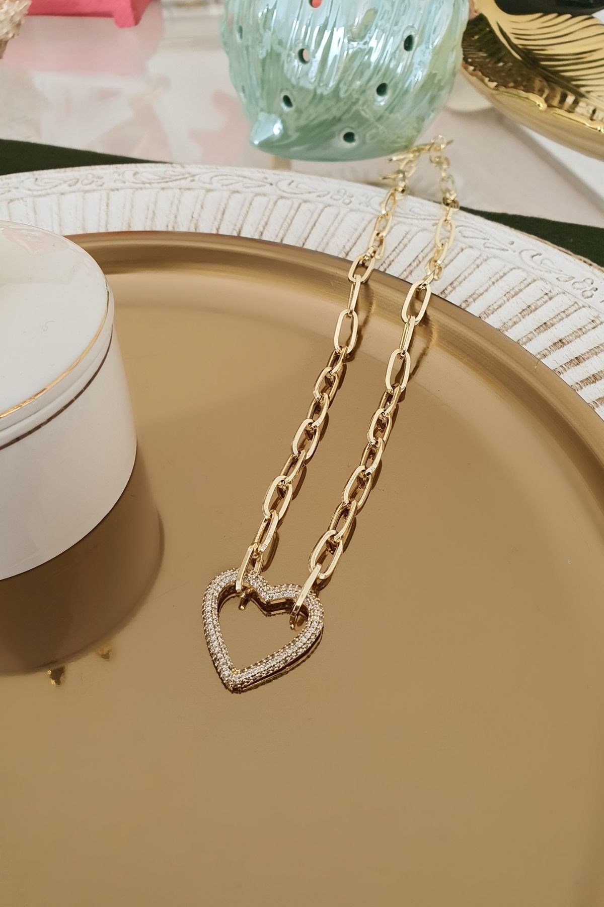 Zirkon Taşlı Kalp Model Ataş Zincirli Kolye Gold