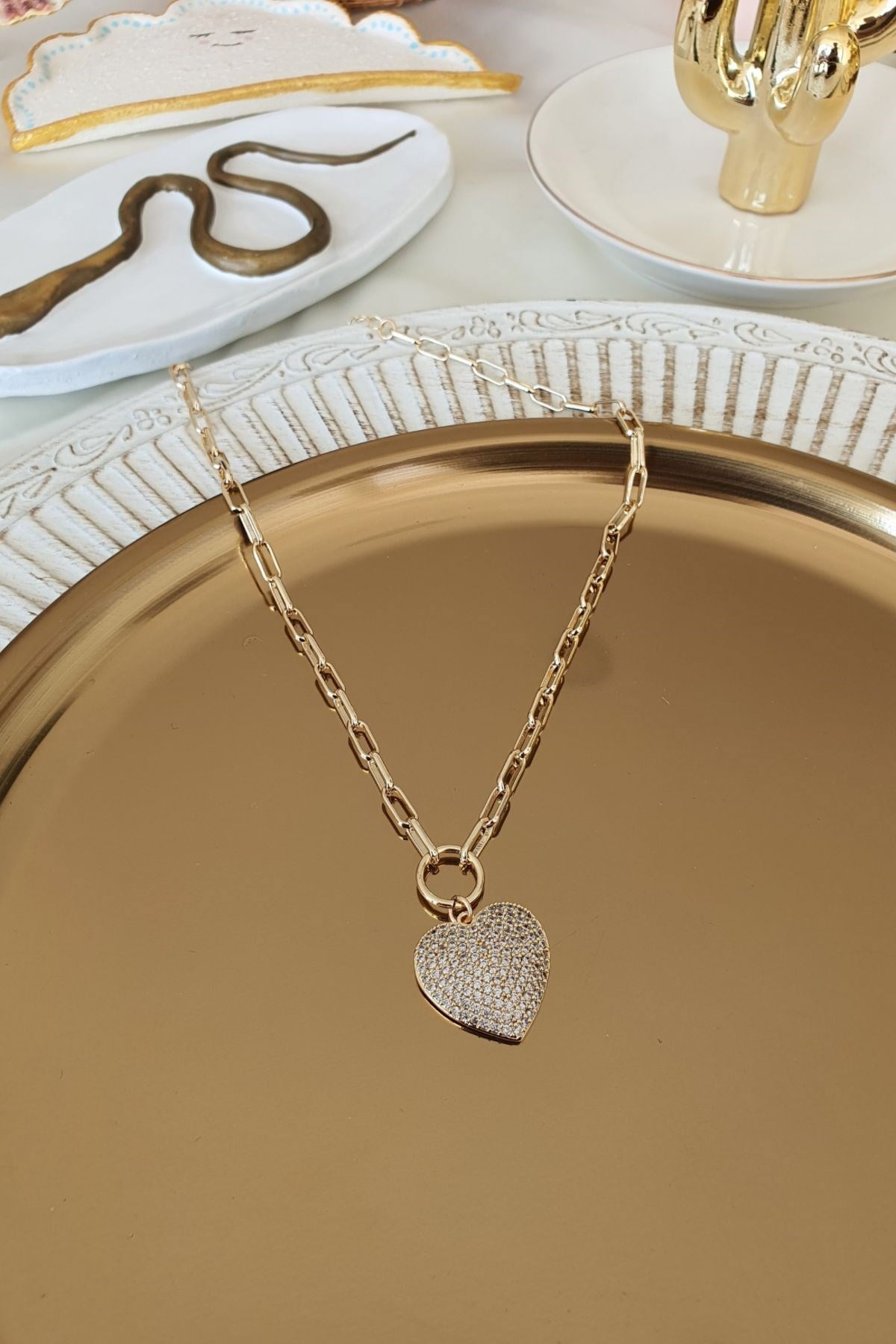 Zirkon Taşlı Kalp Model Kolye Gold