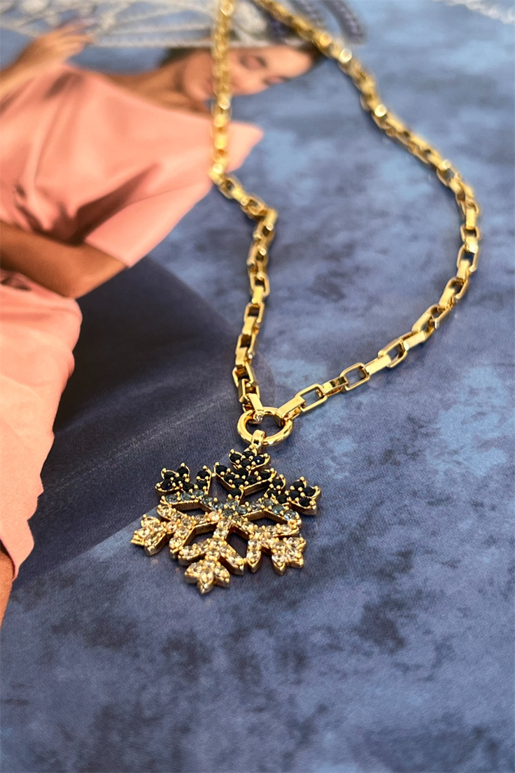 Zirkon Taşlı Kar Tanesi Kolye Gold