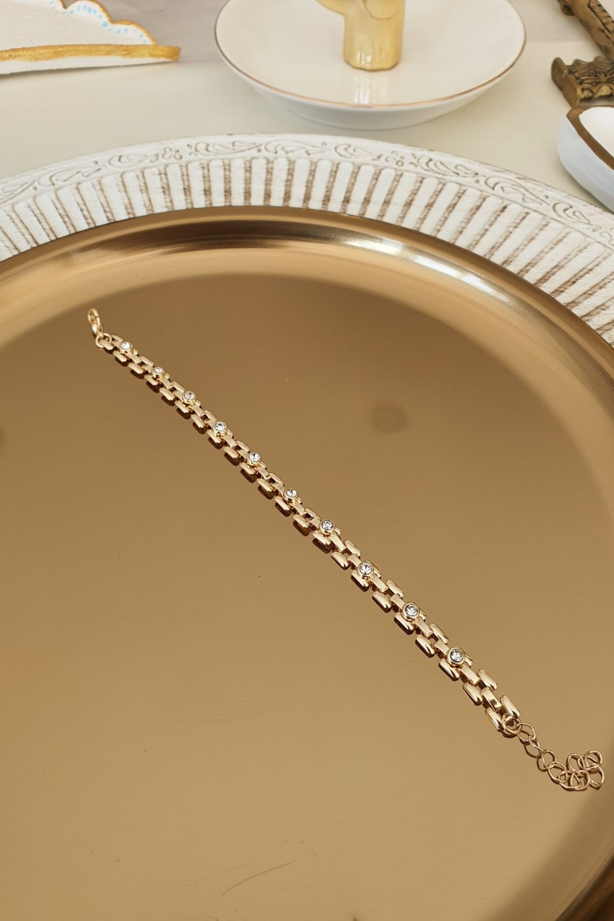 Zirkon Taşlı Kare Model Zincir Bileklik Gold