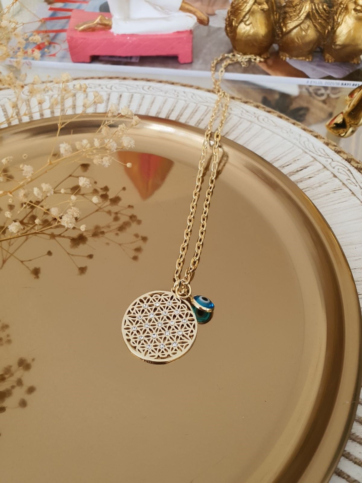 Zirkon Taşlı Nazar Detaylı Yaşam Çiçeği Model Kolye Gold