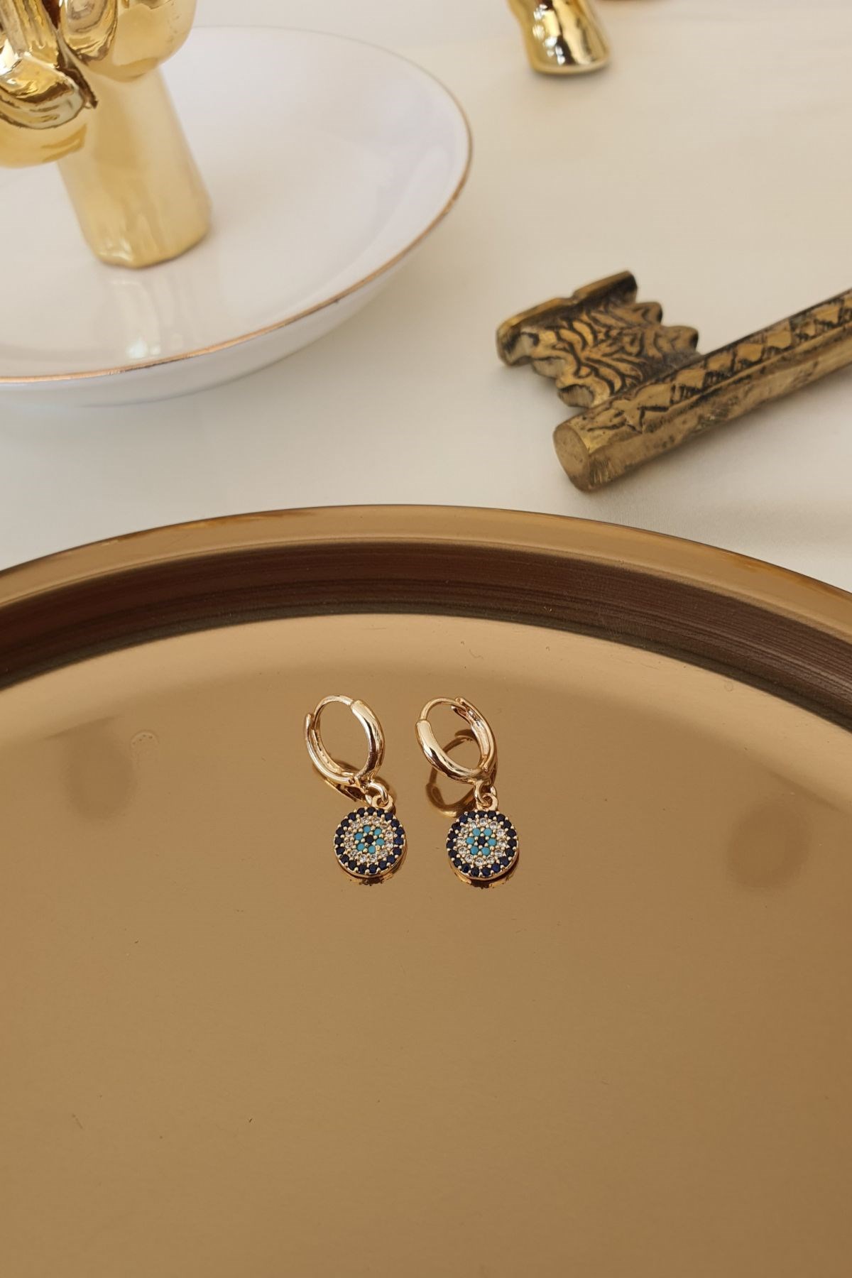Zirkon Taşlı Nazar Molde Küpe Gold