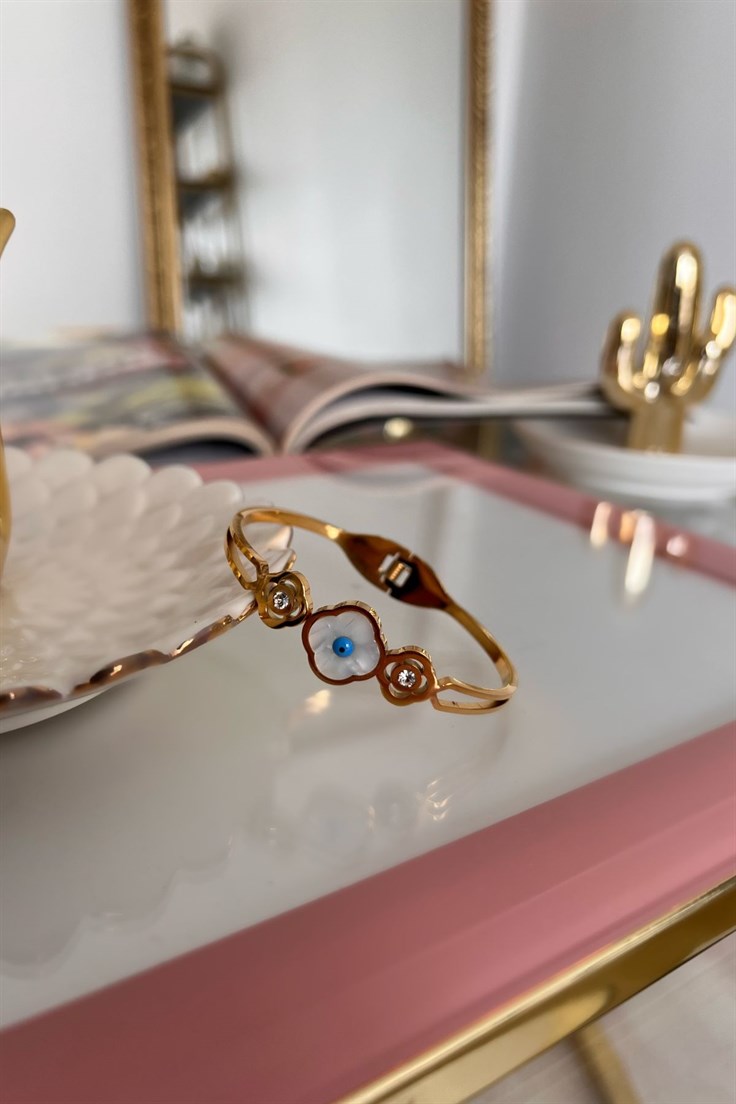 Zirkon Taşlı Sedefli Yonca Model Tamtur Çelik Kelepçe Gold