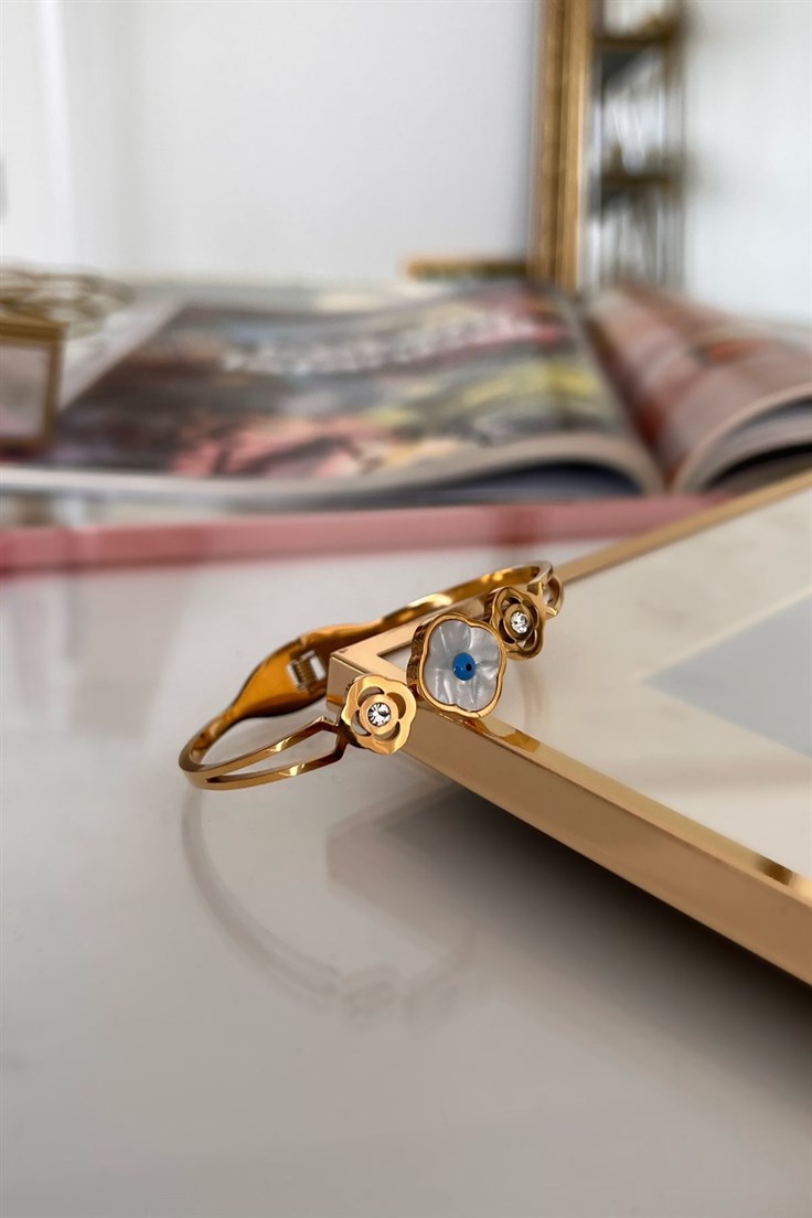 Zirkon Taşlı Sedefli Yonca Model Tamtur Çelik Kelepçe Gold