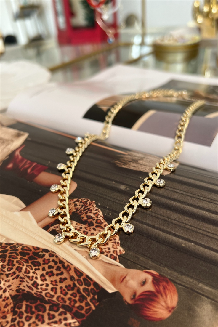 Zirkon Taşlı Sıralı Zincir Kolye Gold