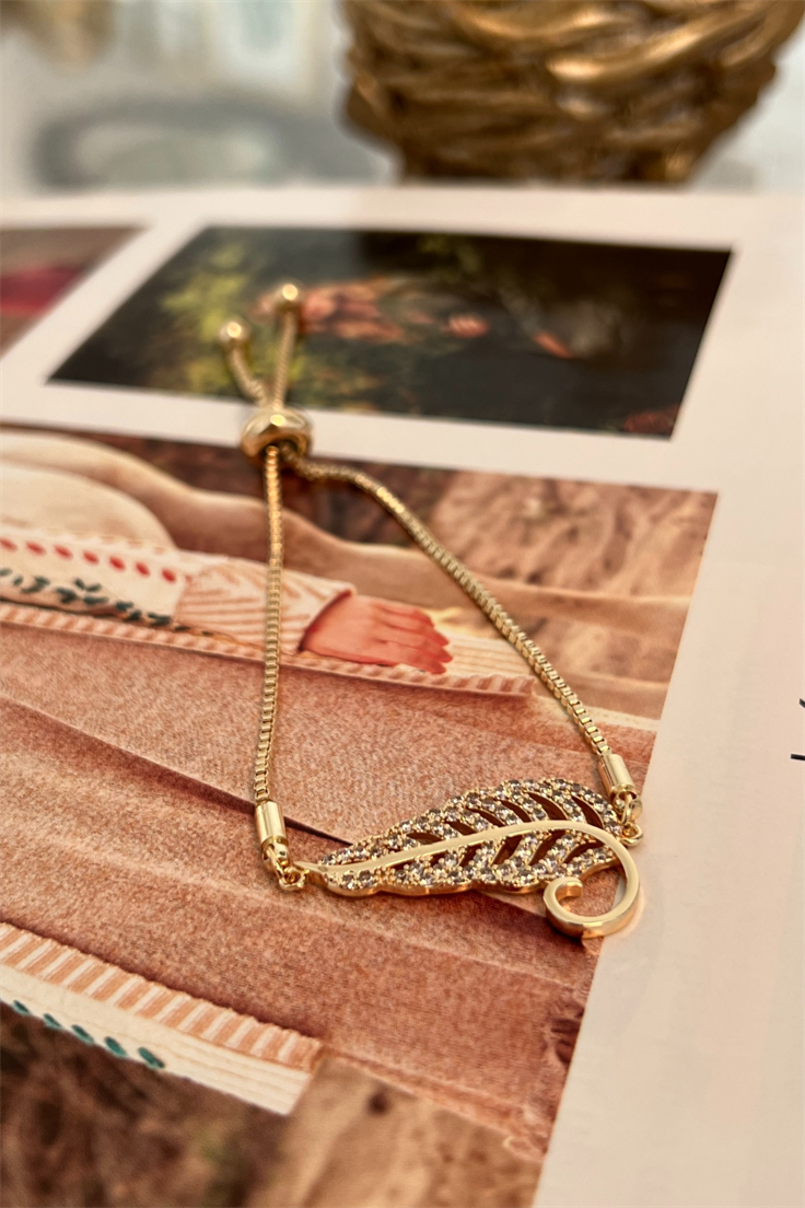 Zirkon Taşlı Yaprak Model Asansör Ayarlı Bileklik Gold