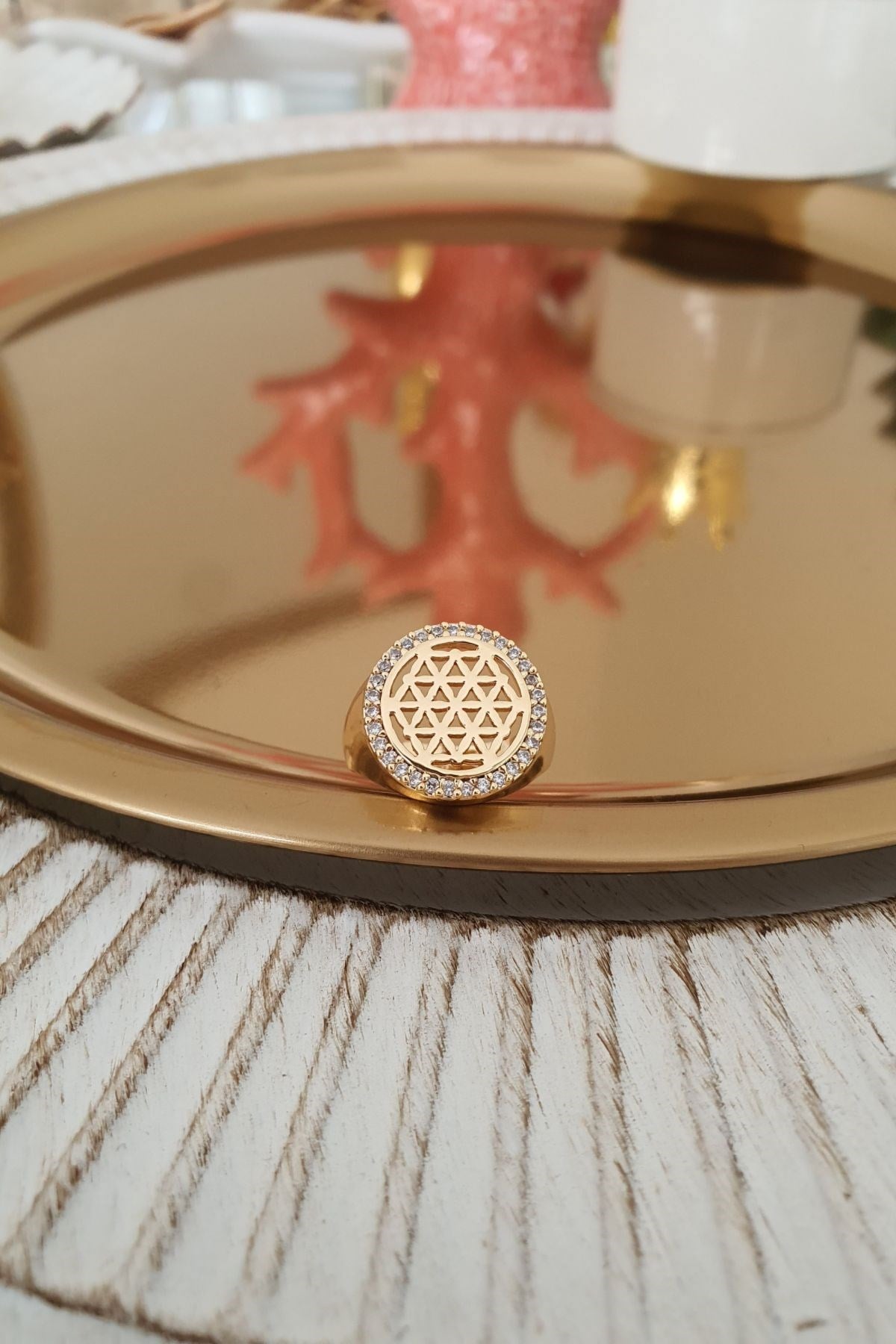 Zirkon Taşlı Yaşam Çiçeği Yüzük Gold