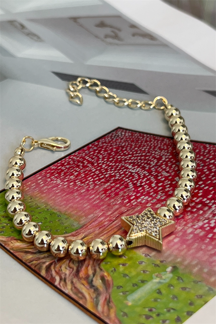 Zirkon Taşlı Yıldız Model Topçuk Sıralı Bileklik Gold