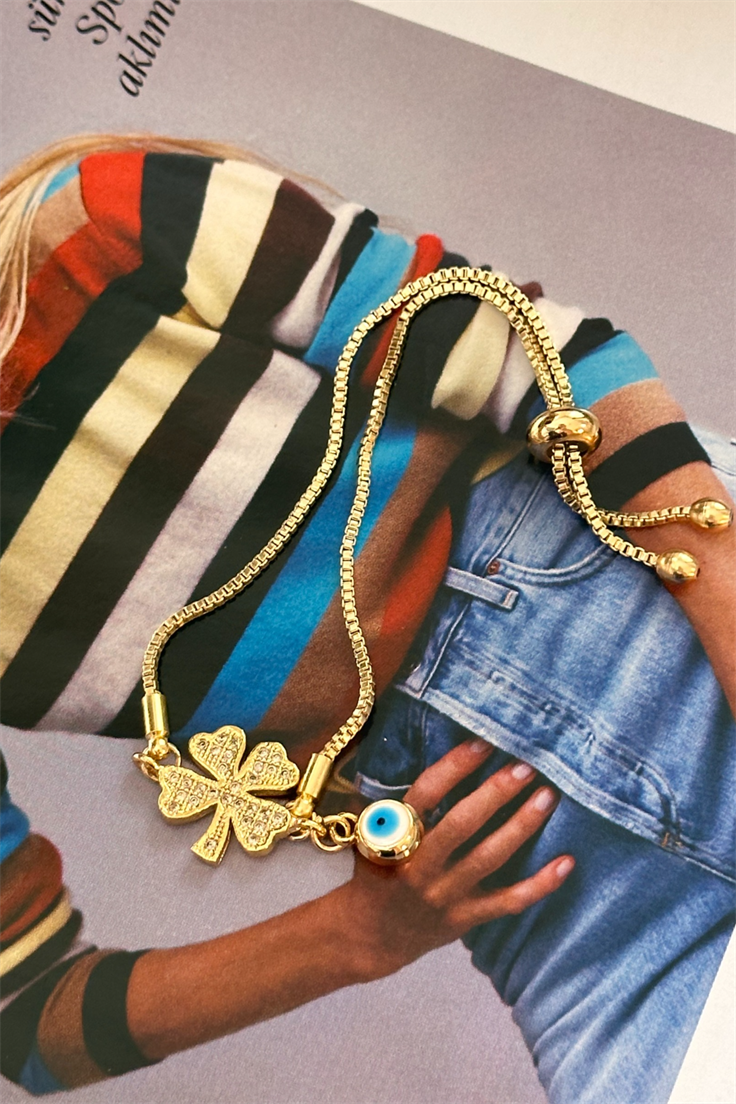 Zirkon Taşlı Yonca Model Nazar Sallantılı Asansör Ayarlı Bileklik