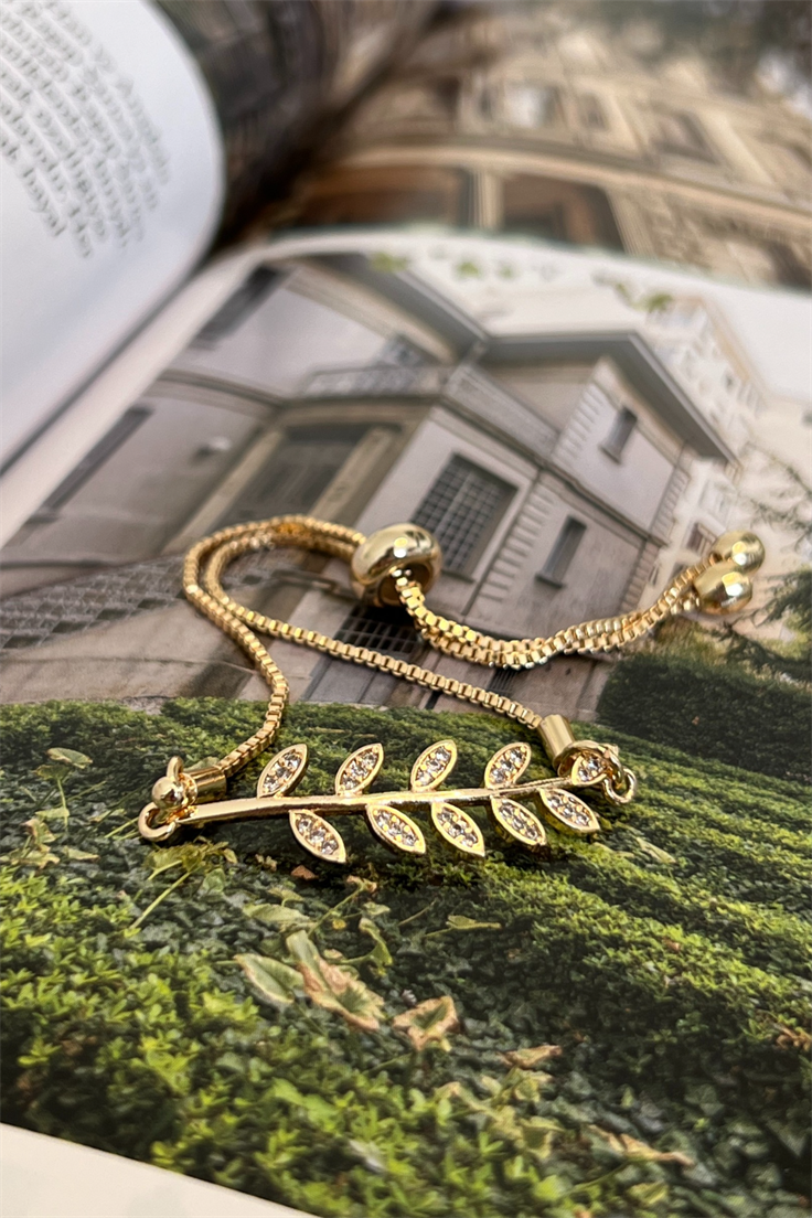 Zirkon Taşlı Zeytin Dalı Model Asansör Ayarlı Bileklik Gold