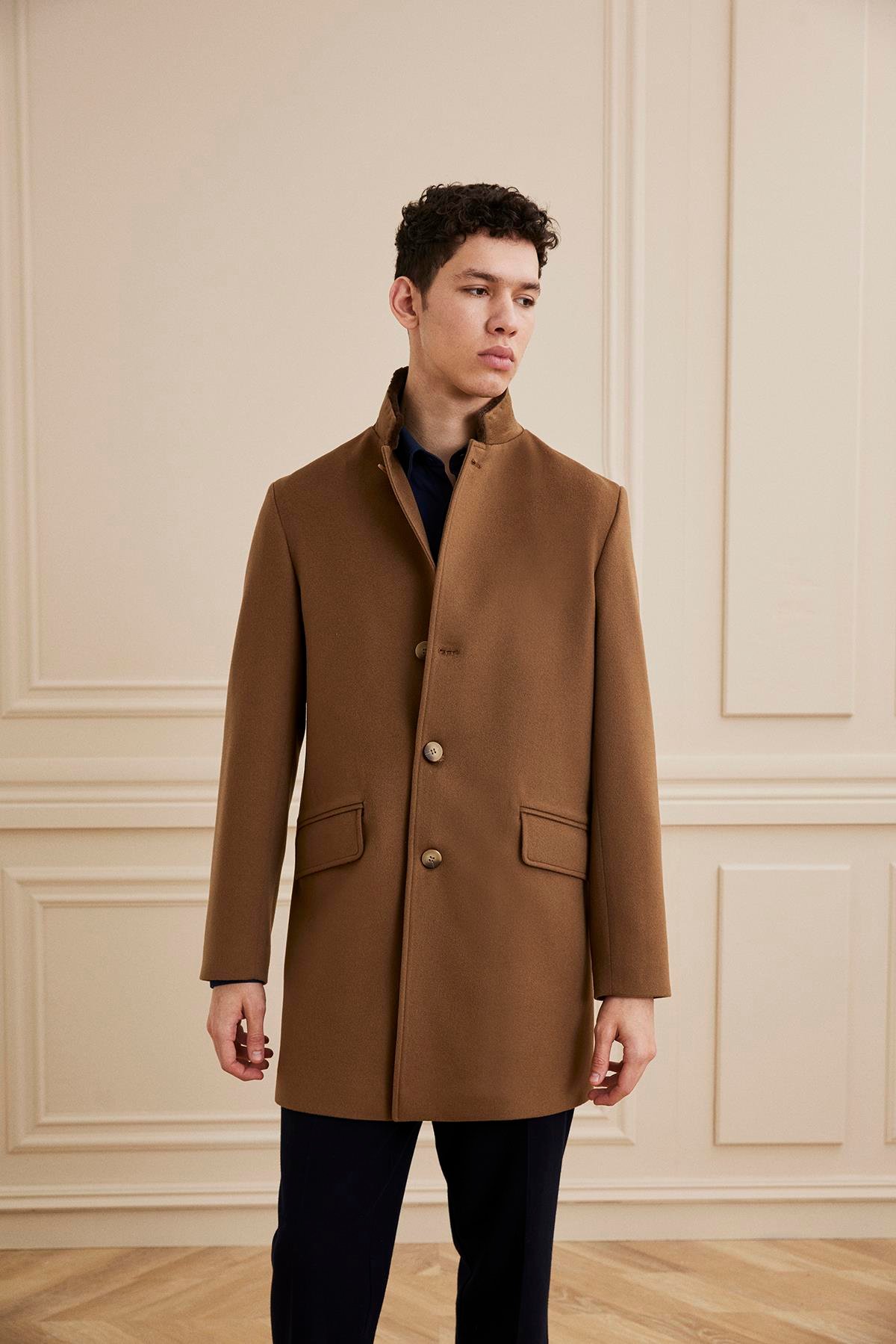 Shaky Men's Loro Piana 100% Cashmere Fabric Short Coat with Mink trimming Dark Camel