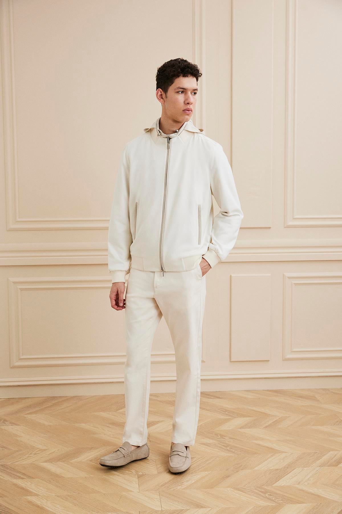 Shaky Men's Loro Piana 50%Cashmere 50%Silk Single jersey-Sunset Fabric Jacket Ecru