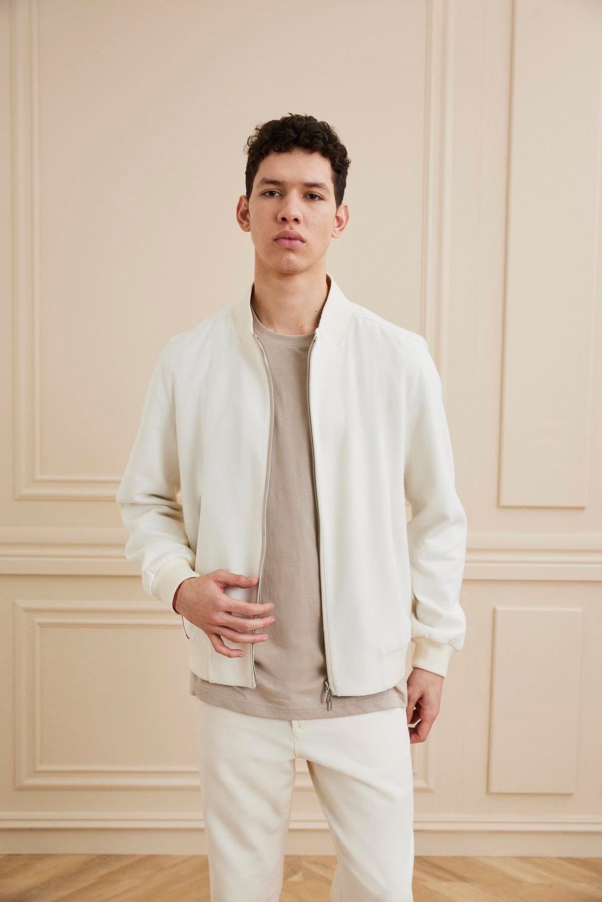 Shaky Men's Loro Piana 50%Cashmere 50%Silk Single jersey-Sunset Fabric Jacket Ecru