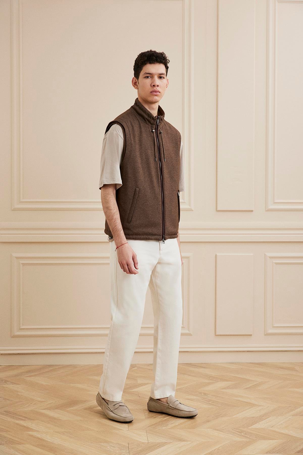 Shaky Men's Loro Piana 50%Cashmere 50%Silk Single jersey-Sunset Fabric Waistcoat Brown