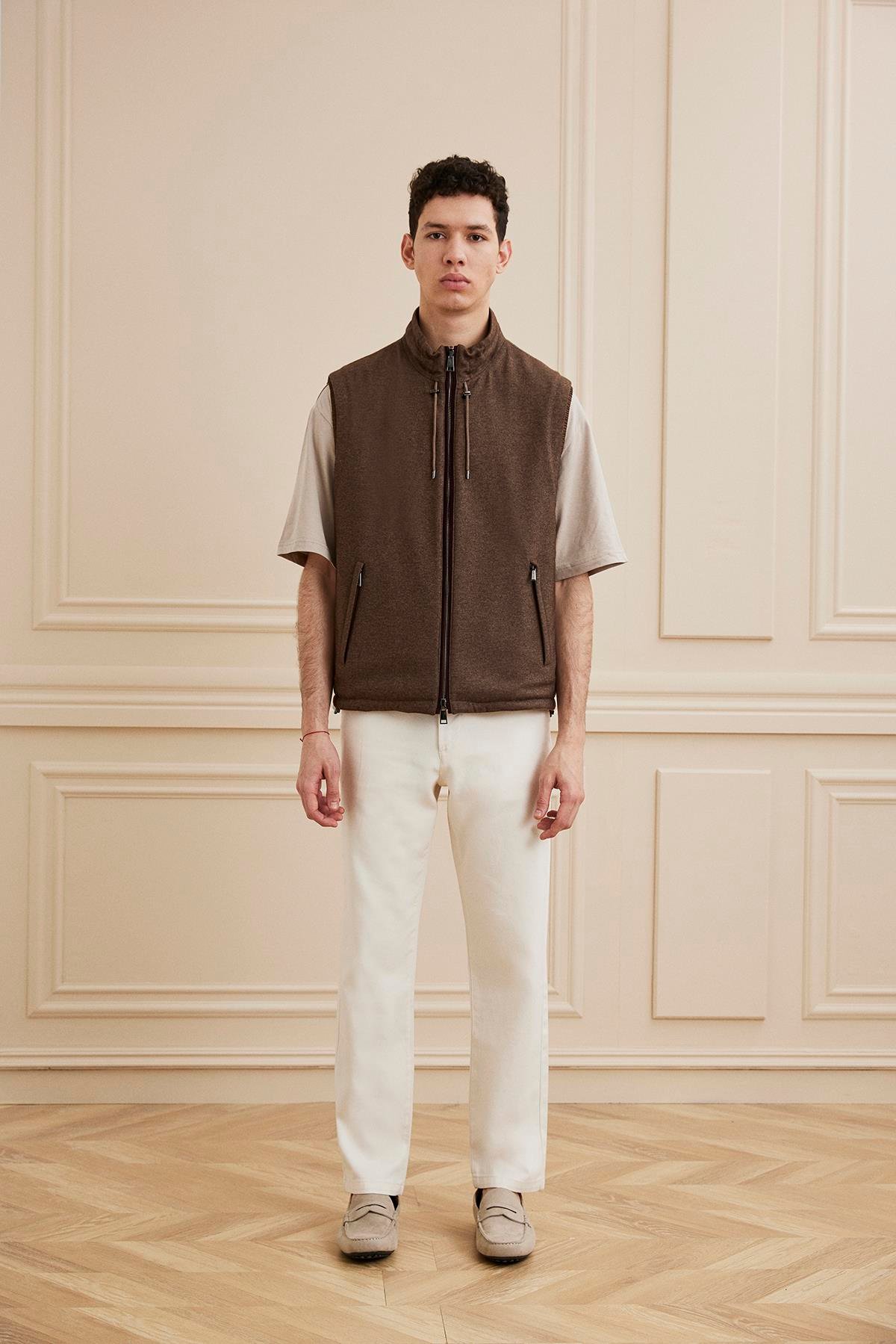 Shaky Men's Loro Piana 50%Cashmere 50%Silk Single jersey-Sunset Fabric Waistcoat Brown