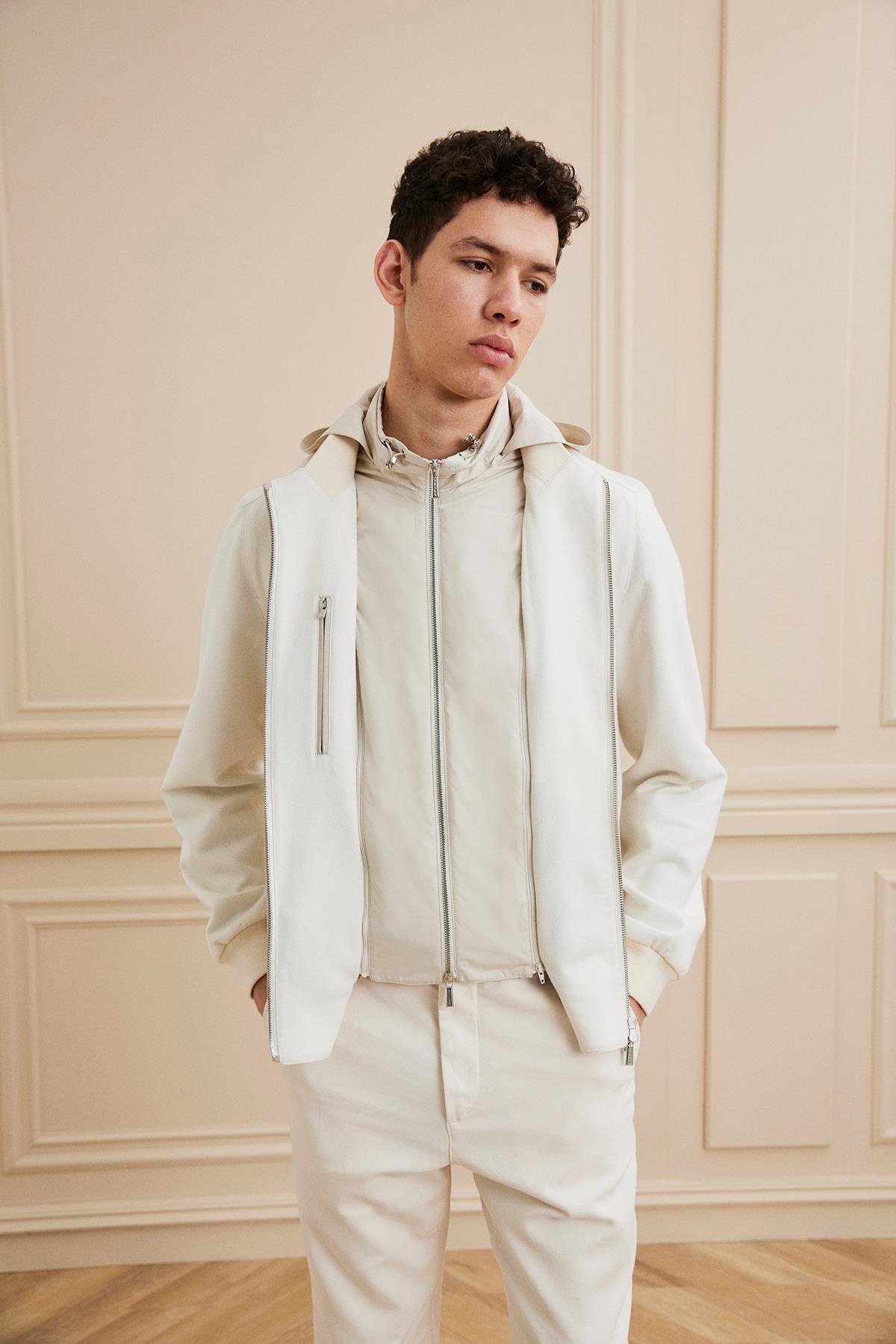 Shaky Men's Loro Piana 50%Cashmere 50%Silk Single jersey-Sunset Fabric Jacket Ecru