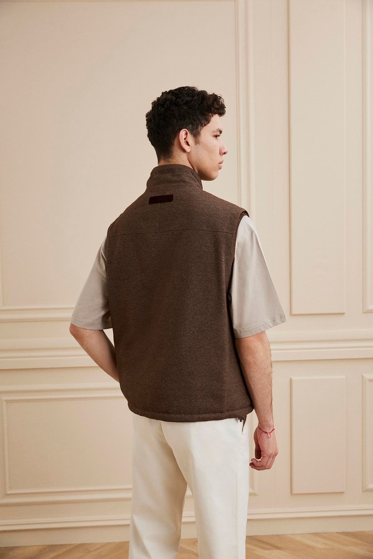 Shaky Men's Loro Piana 50%Cashmere 50%Silk Single jersey-Sunset Fabric Waistcoat Brown