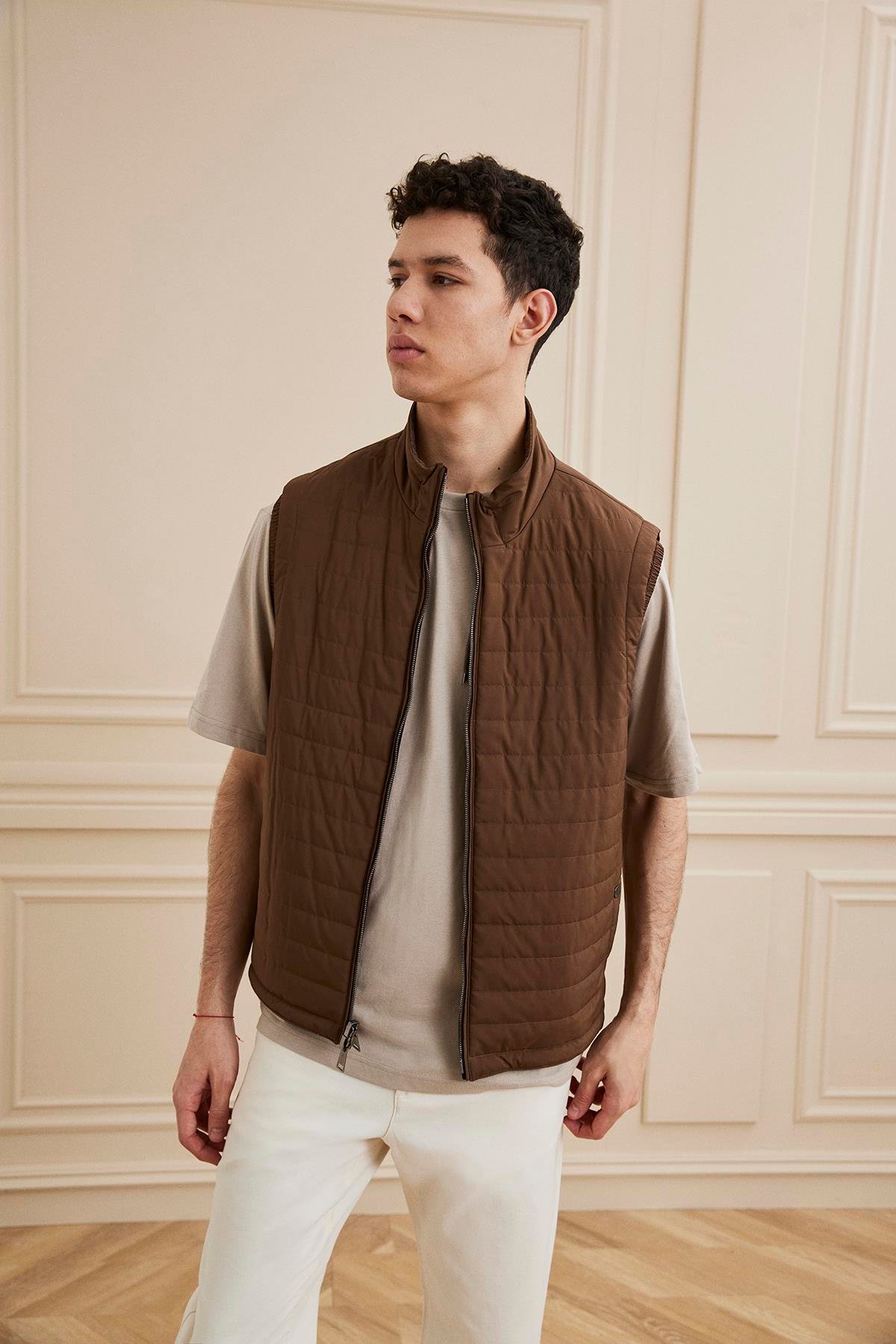 Shaky Men's Loro Piana 50%Cashmere 50%Silk Single jersey-Sunset Fabric Waistcoat Brown