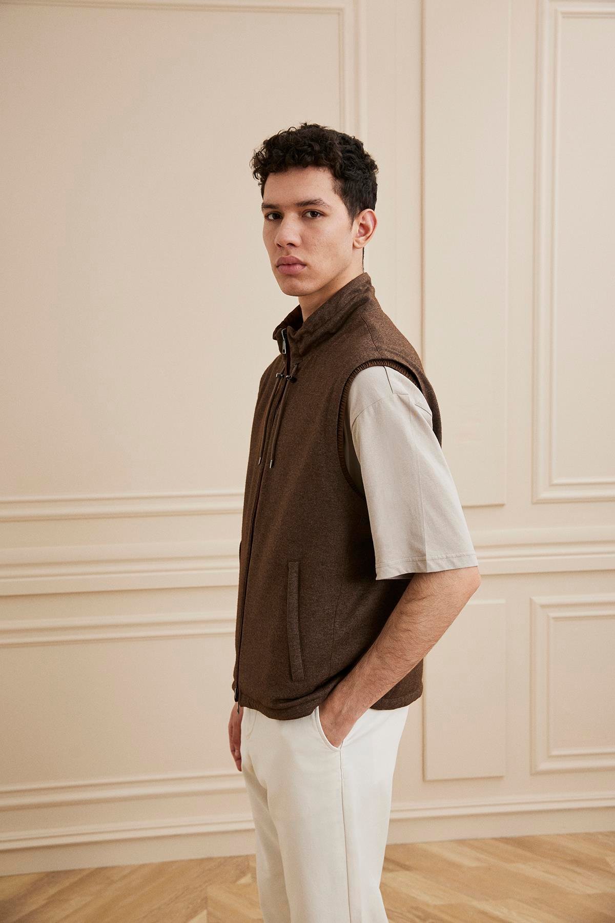 Shaky Men's Loro Piana 50%Cashmere 50%Silk Single jersey-Sunset Fabric Waistcoat Brown