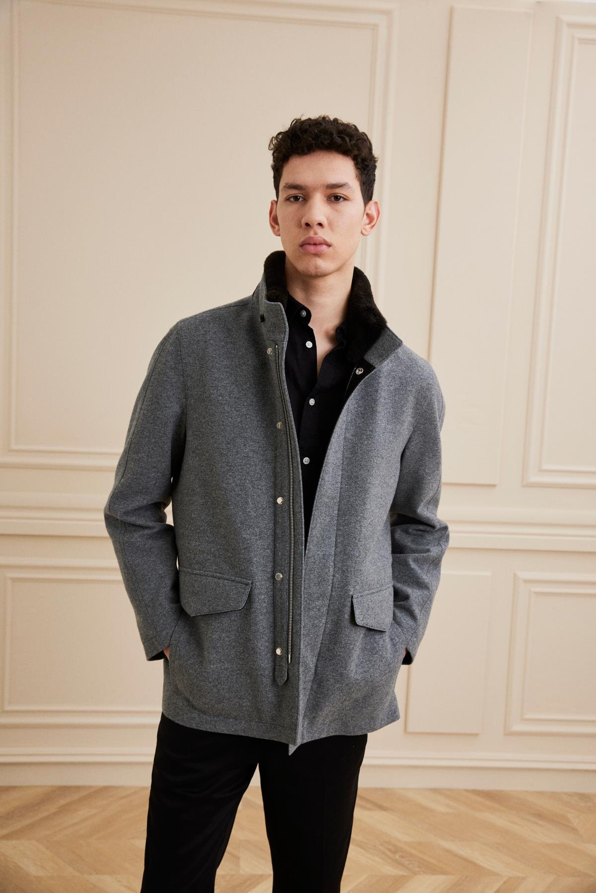 Shaky Men's Loro Piana 90%Wool 10% Cashmere Fabric Short Coat with Nutria trimming Light Grey