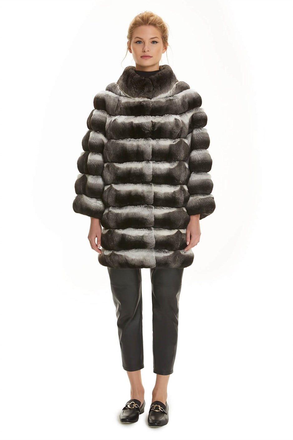 Shaky Women's Chinchilla Fur Short Coat with Suede Leather trimming Natural