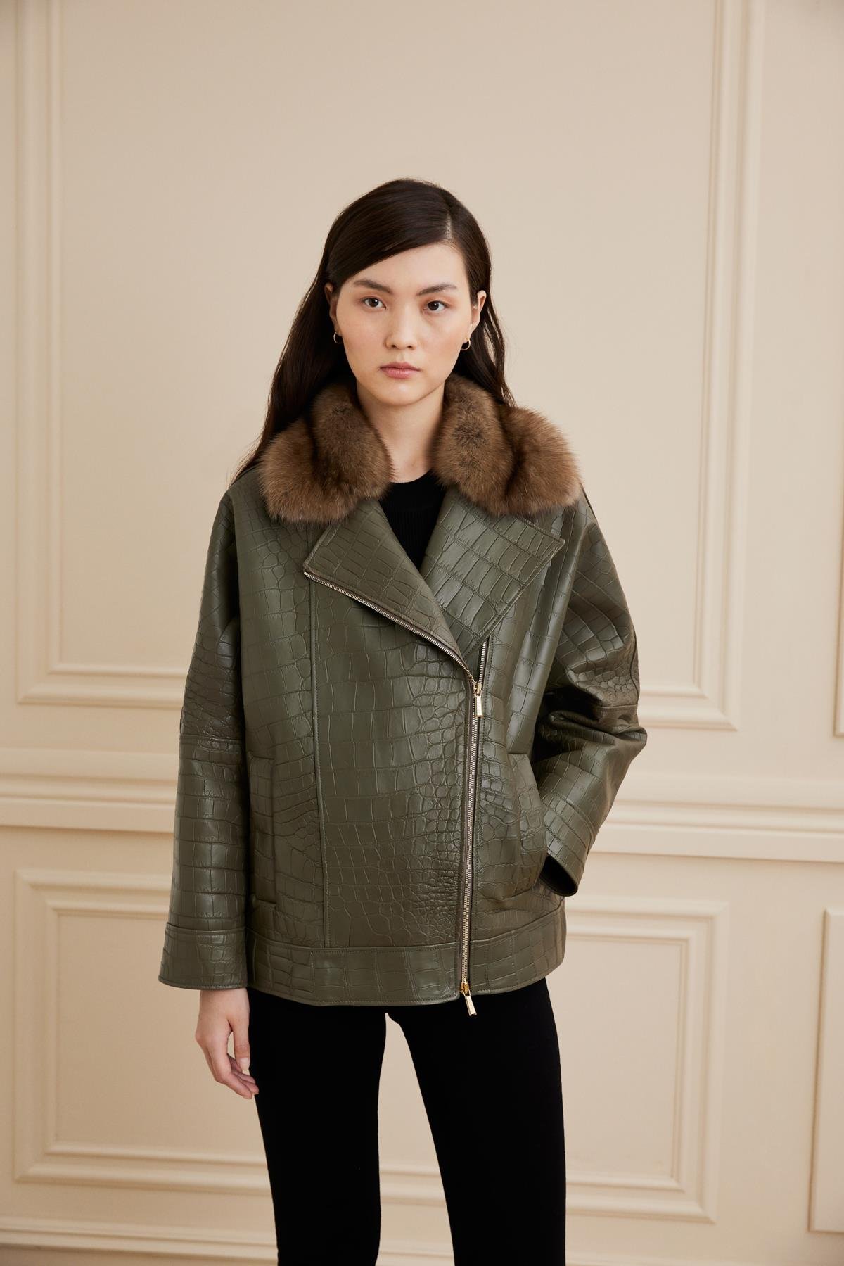 Shaky Women's Crocodile Jacket with  Lynx trimming Khaki Niloticus