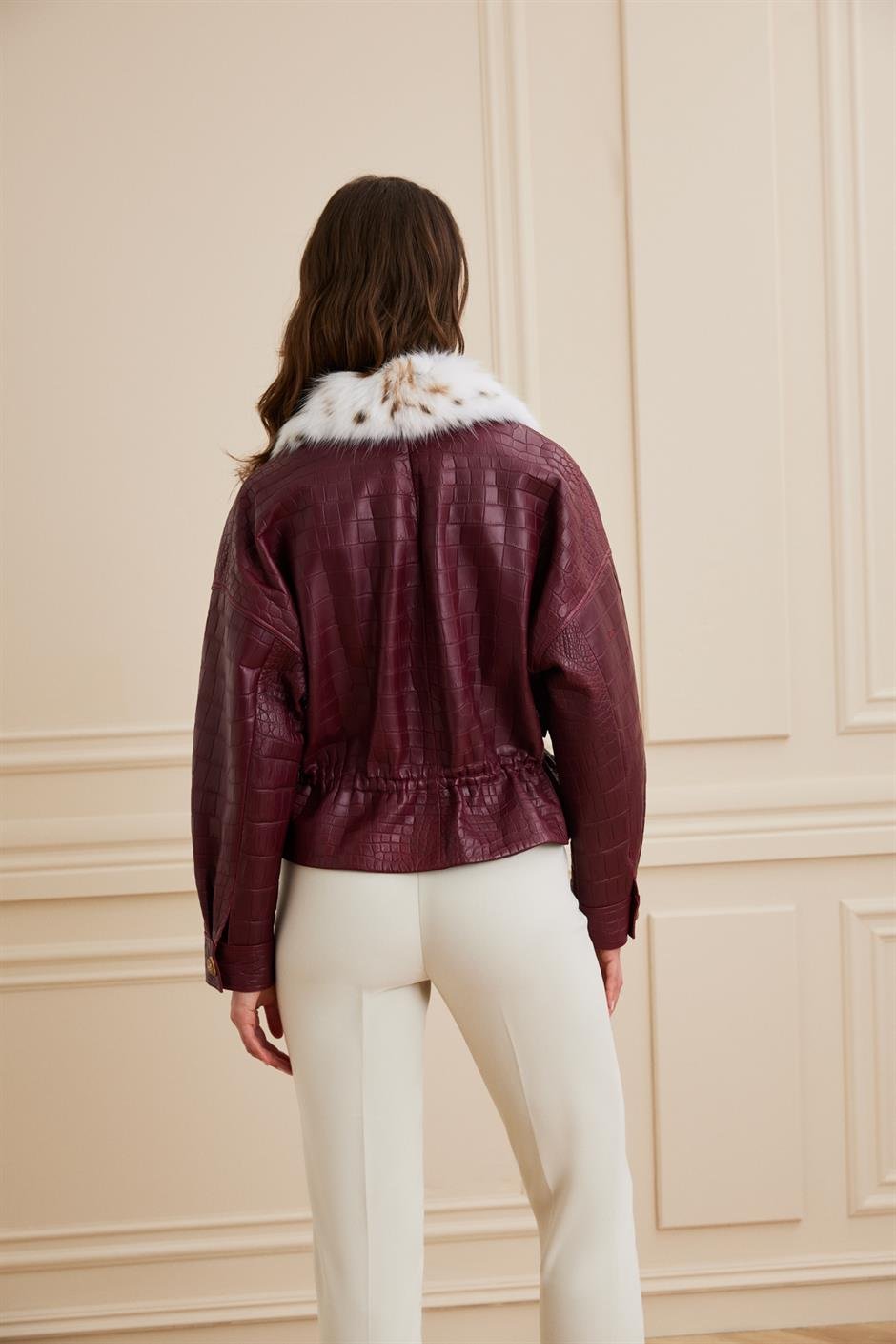 Shaky Women's Crocodile Jacket with  Lynx trimming Bordo Niloticus