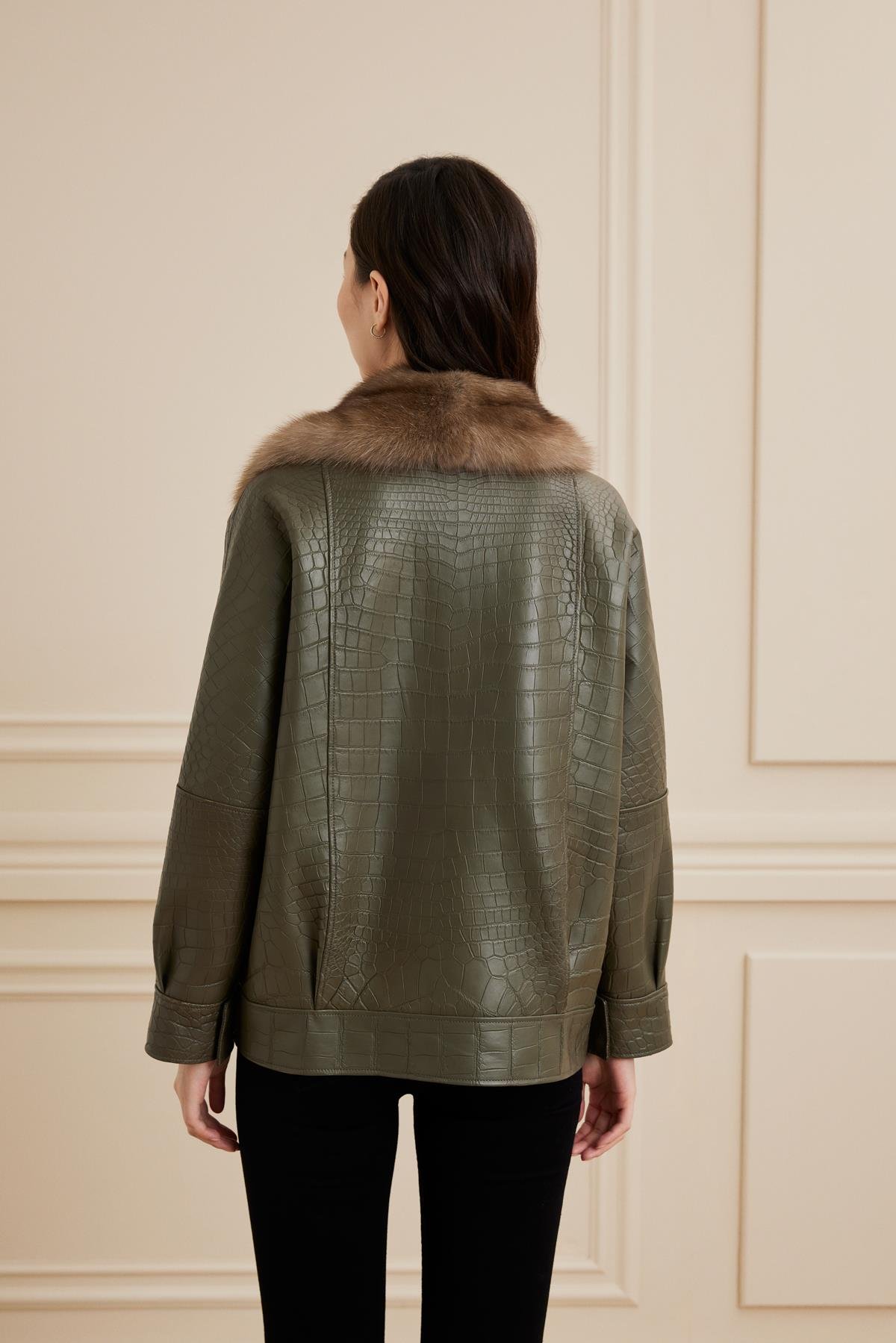 Shaky Women's Crocodile Jacket with  Lynx trimming Khaki Niloticus
