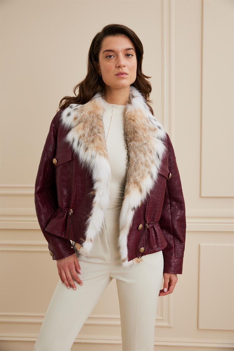 Shaky Women's Crocodile Jacket with  Lynx trimming Bordo Niloticus