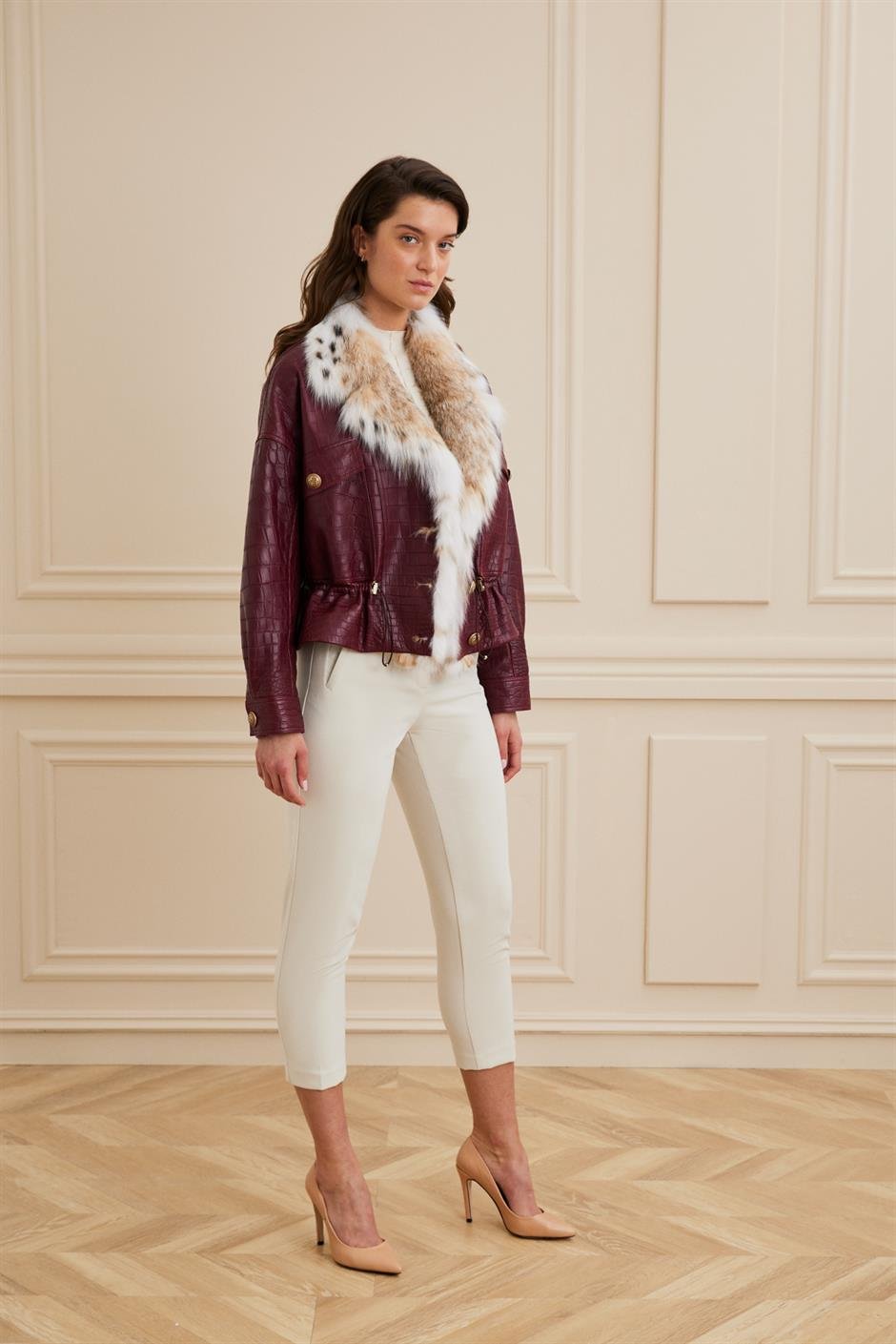 Shaky Women's Crocodile Jacket with  Lynx trimming Bordo Niloticus