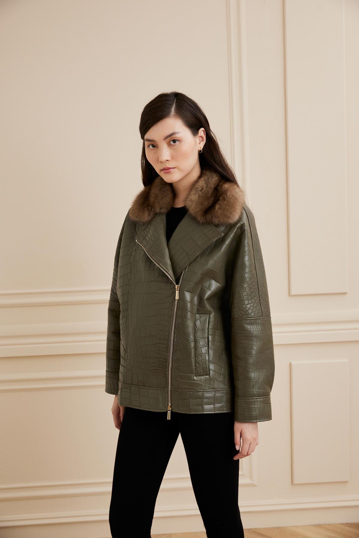 Shaky Women's Crocodile Jacket with  Lynx trimming Khaki Niloticus