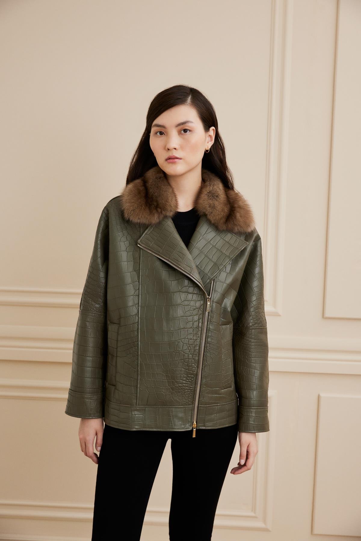 Shaky Women's Crocodile Jacket with  Lynx trimming Khaki Niloticus
